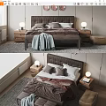 Modern Double Bed with Upholstered Headboard Pillows Blanket Nightstands Table Lamps and Rug