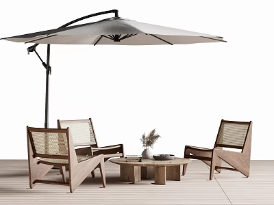 Modern Outdoor Tables And Chairs Set With Round Wooden Table Woven Chairs And Sunshade Umbrella 3d model