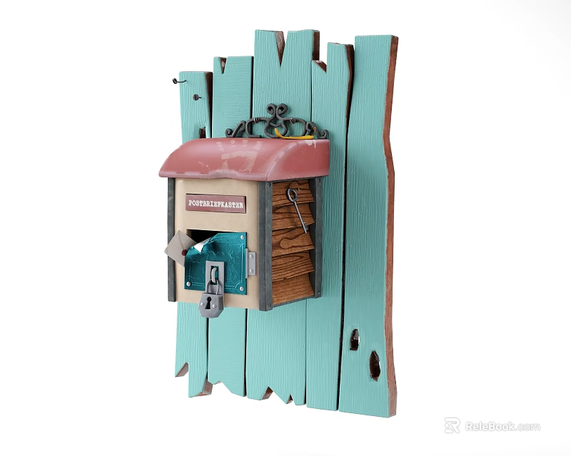 Vintage Mailbox With Red Roof On Light Blue Wooden Fence Wall 3d model 