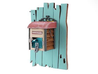 Vintage Mailbox With Red Roof On Light Blue Wooden Fence Wall 3d model