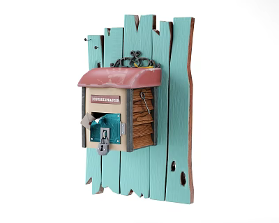Vintage Mailbox With Red Roof On Light Blue Wooden Fence Wall 3d model