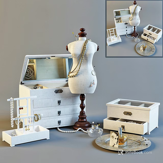 Jewelry Storage Display With White Box Mirror Drawers Mannequin And Pearl Accessories 3d model 