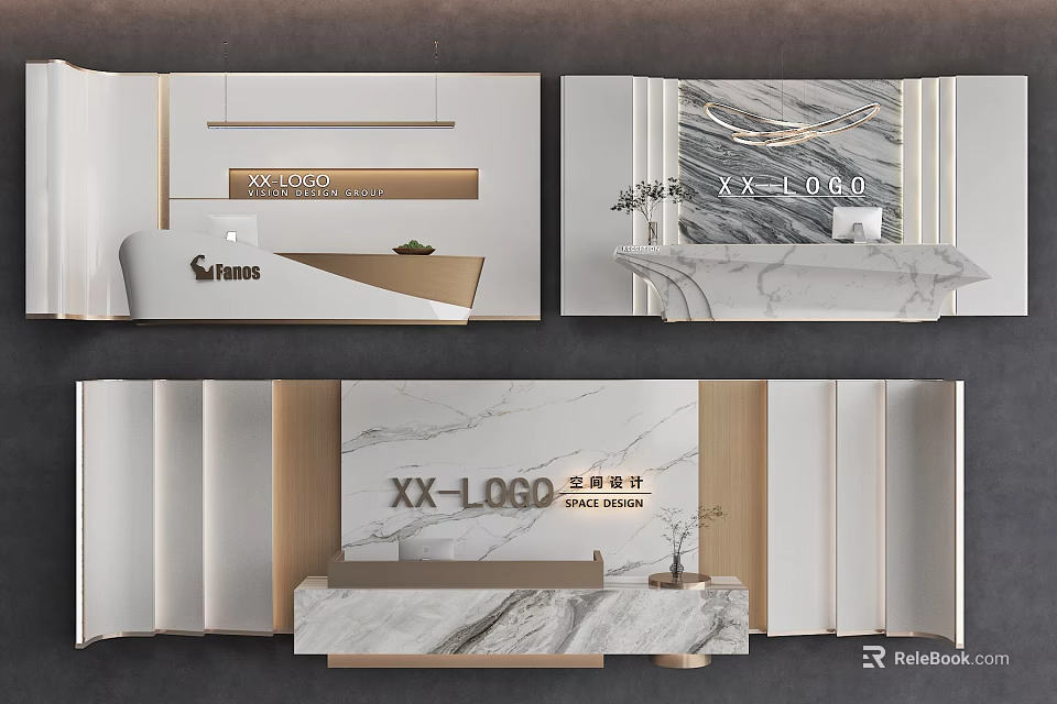 Modern Minimalist Front Desk Background Wall With Marble Logo And Company Name Reception Counter Design 3d model 