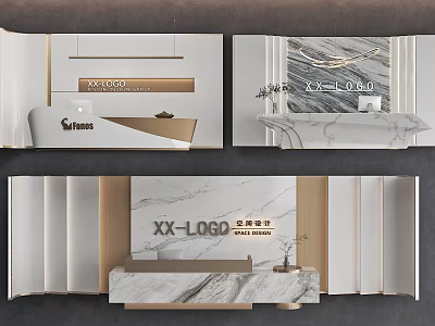 Modern Minimalist Front Desk Background Wall With Marble Logo And Company Name Reception Counter Design 3d model