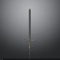 Medieval Sword Weapon with Metal Blade Crossguard and Wooden Hilt on Reflective Surface