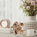 Decorative Ornament Set with Vase Dried Flowers Clock Rose Decor and Metal Heart on Tabletop