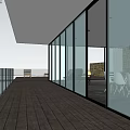 Modern Living and Dining Area With Open Layout Large Windows Wooden Deck Scenic Lake View White Chairs