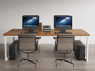 Modern Office Desk Setup With Dual Monitors Two Chairs And Stacked Files 3d model