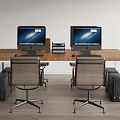 Modern Office Desk Setup With Dual Monitors Two Chairs And Stacked Files