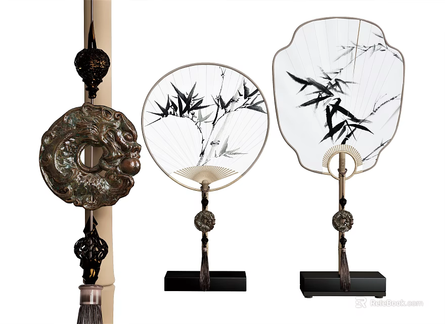 Traditional Ornament Decorative Set Featuring Bamboo Leaf Pattern Fans Base Stands And Hanging Ornament 3d model 