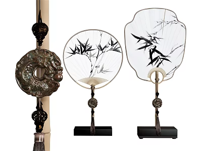 Traditional Ornament Decorative Set Featuring Bamboo Leaf Pattern Fans Base Stands And Hanging Ornament 3d model