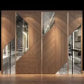 Modern Wall Design With Wooden Geometric Panels And Glass Inserts For Interior