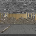 Wooden Hinged Door Against Gray Brick Wall with Golden Railing and Log Pile