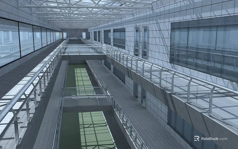 Modern Elevator Hallway With Glass Railings And Multi Level Structure Design 3d model