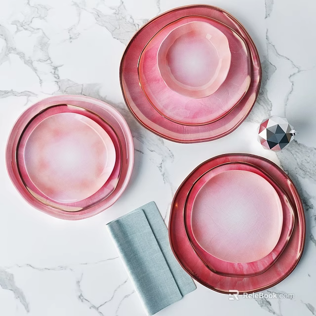 Elegant Dining Table Setting With Pink Gradient Plates Gold Rim And Marble Tabletop 3d model 