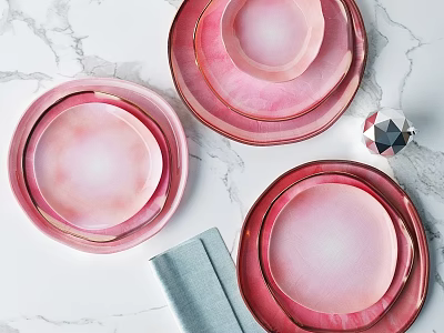 Elegant Dining Table Setting With Pink Gradient Plates Gold Rim And Marble Tabletop 3d model