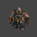 Muscular Male Warrior In Blue Brown Outfit With Gold Decorations Round Waist Device And Tattoos