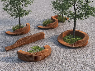 Creative Garden Ornaments with Sinuous Wooden Structures Planted with Greenery and Trees on Paved Ground 3d model