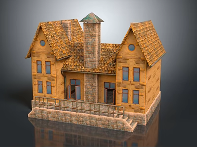 Realistic Miniature House Model With Yellow Walls Brown Tiled Roof Chimney And Stone Base 3d model