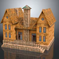 Realistic Miniature House Model With Yellow Walls Brown Tiled Roof Chimney And Stone Base