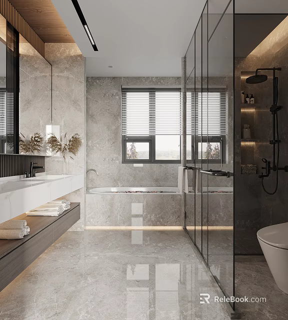 Modern Luxury Bathroom With Marble Tiles Glass Shower Bathtub And Vanity Mirror 3d model 