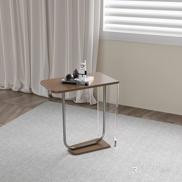 Modern Side Table With Brown Top Metal Legs Transparent Support And Books On Rug 3d model 