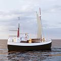Classic Sailboat With White Sail And Brown Hull On Calm Blue Water