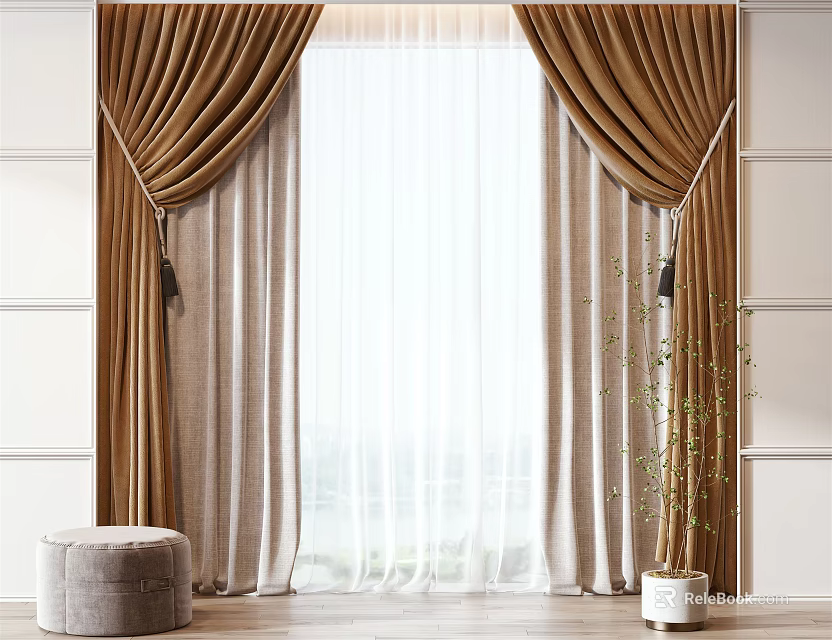 Brown Curtains With White Sheer And Tiebacks In Modern Interior With Stool And Plant 3d model 