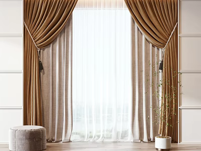 Brown Curtains With White Sheer And Tiebacks In Modern Interior With Stool And Plant 3d model