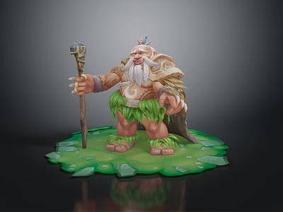 Elderly Bearded Game and Movie Character With Wooden Staff Grass Skirt on Green Crystal Platform 3d model
