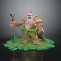 Elderly Bearded Game and Movie Character With Wooden Staff Grass Skirt on Green Crystal Platform