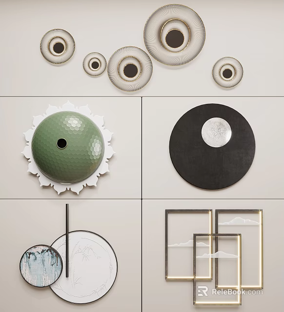Creative Modern Wall Decor With Circular Green Black Frames And Geometric Shapes 3d model