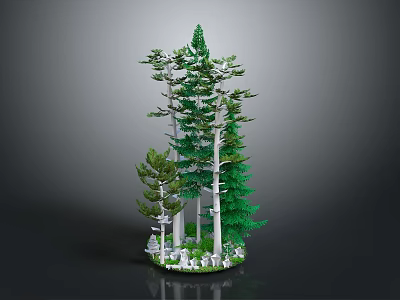 Various Green Trees With White Trunks And Different Heights Display Model Featuring Small White Elements 3d model