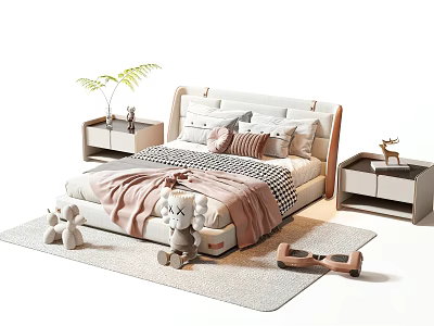 Kids Bed With Soft Pillows Blanket Nightstands Stuffed Toys And Rug 3d model