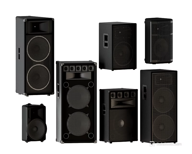 Black Home Audio Speakers With Various Sizes And Modern Designs 3d model 