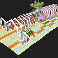 Modern Geometric Pergola Design With Striped Frame Colorful Floor Patterns And Greenery 3d model