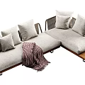Stylish Outdoor Sofa With Gray Upholstery Blue Pillows Woven Details And Wooden Base