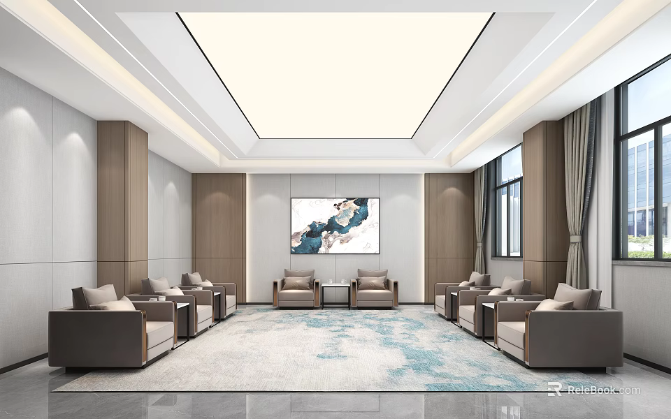 Modern Hotel Public Lounge Area With Comfortable Sofas Decorative Rug Artwork And Windows 3d model 