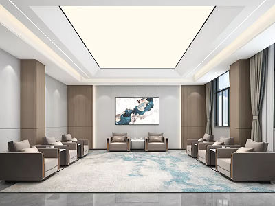 Modern Hotel Public Lounge Area With Comfortable Sofas Decorative Rug Artwork And Windows 3d model