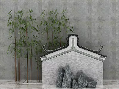 Traditional Garden Ornament With Tall Bamboo Gray Stone Wall And Chinese Style Tiled Roof 3d model