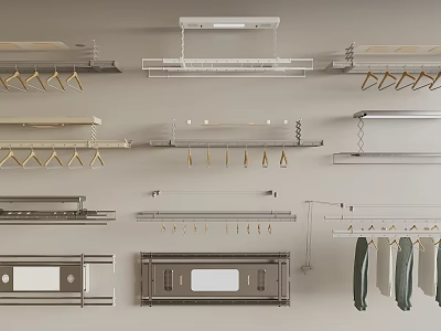 Various Wall Mounted Clothes Hangers With Metal Rods For Closet Organization 3d model