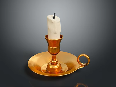 Elegant White Candle In Golden Candlestick Holder With Tray And Handle 3d model