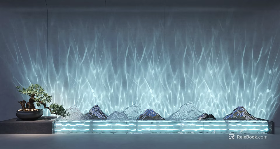 Modern Decorative Lights with Blue Lighting for Wavy Wall Rockery Decorations and Green Plants 3d model 