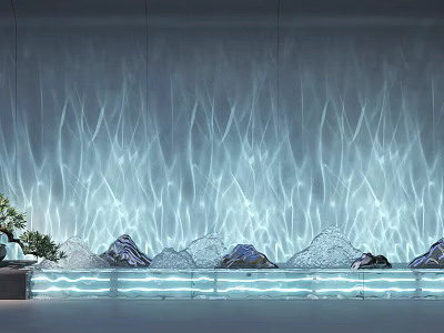 Modern Decorative Lights with Blue Lighting for Wavy Wall Rockery Decorations and Green Plants 3d model
