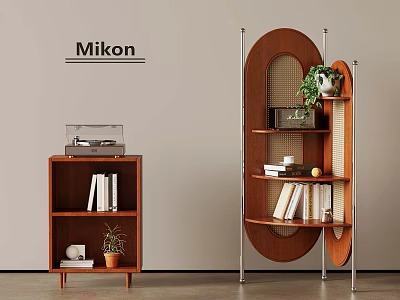 Mikon Modern Wooden Shelving Units With Record Player Books And Green Plant 3d model