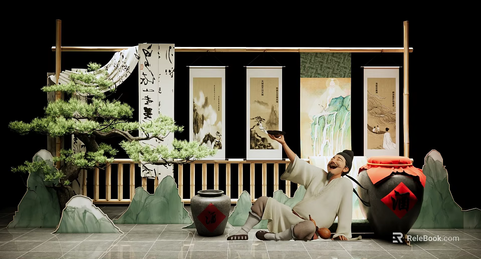 Traditional Chinese Setting With Man Holding Vessel Bonsai Scrolls Bamboo And Mountain Decorations 3d model 