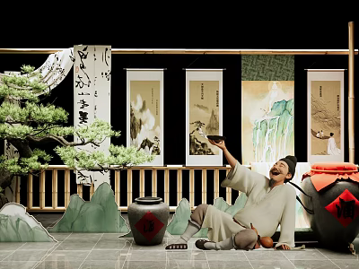 Traditional Chinese Setting With Man Holding Vessel Bonsai Scrolls Bamboo And Mountain Decorations 3d model