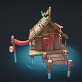 Scenic Wooden Cabin Built on Water with Wooden Pillars Colorful Flags Red Door and Hammock