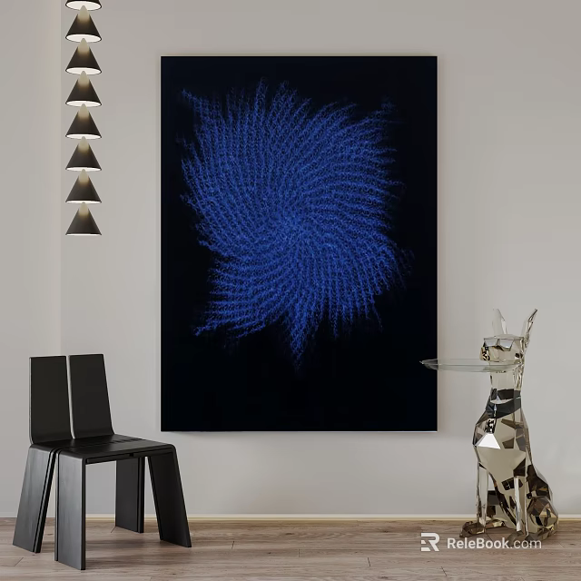 Vibrant Blue Spiral Landscape Painting On Black Background With Modern Decor Elements 3d model