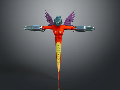 Humanoid Creature Character with Purple Wings Red Body Yellow Striped Abdomen and Silver Arm Devices 3d model